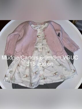Mud Pie Pink Knit Cardigan with Carters White Floral Bunny Rabbit Dress